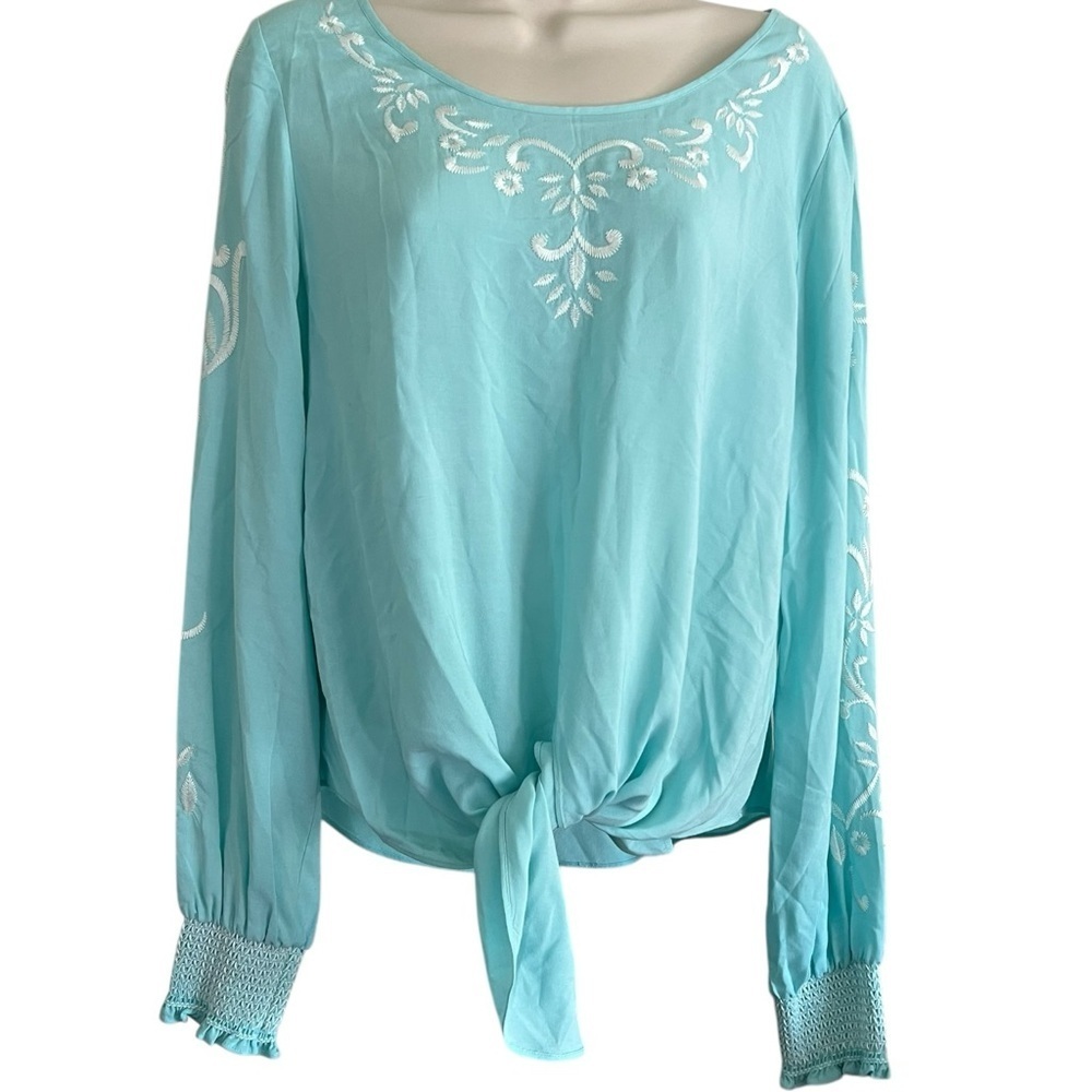 Karen Kane Aqua embroidery front tie Long Sleeve Top Sz medium